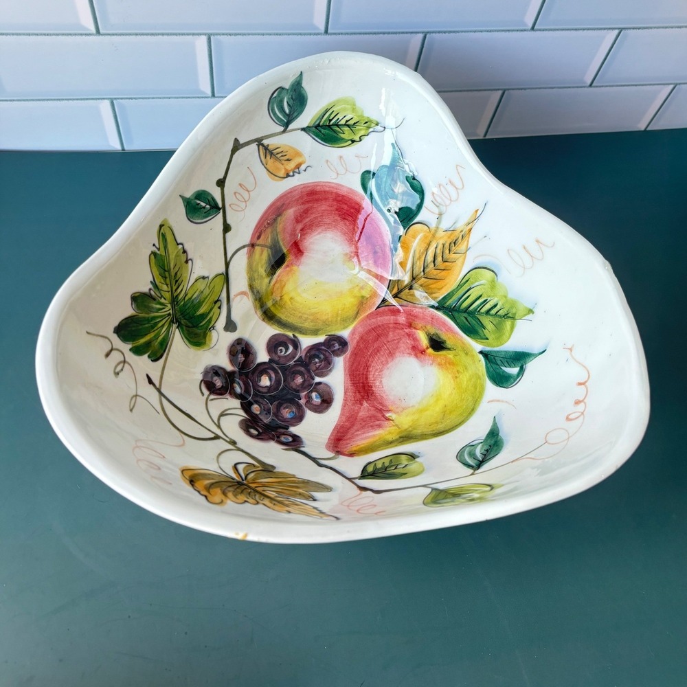 Vintage Italy Hand Painted Ceramic Fruit Bowl Triangular Apple Pear Grape Motif